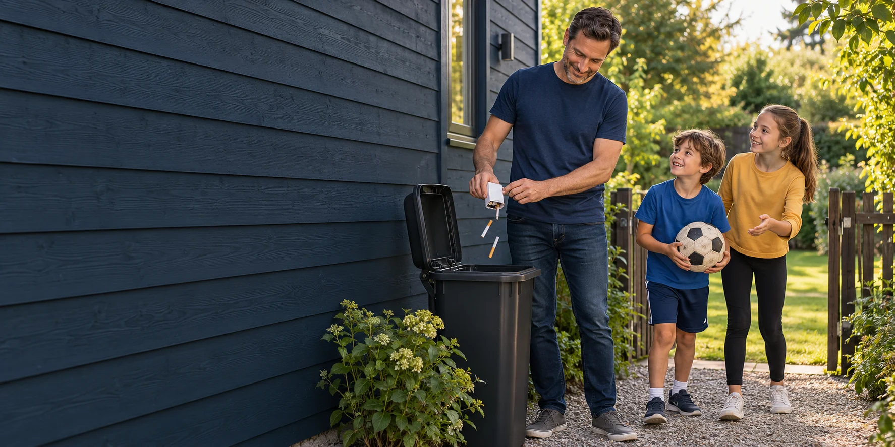 A father calmly empties cigarettes into a bin while his children wait nearby with a soccer ball, ready to play.
