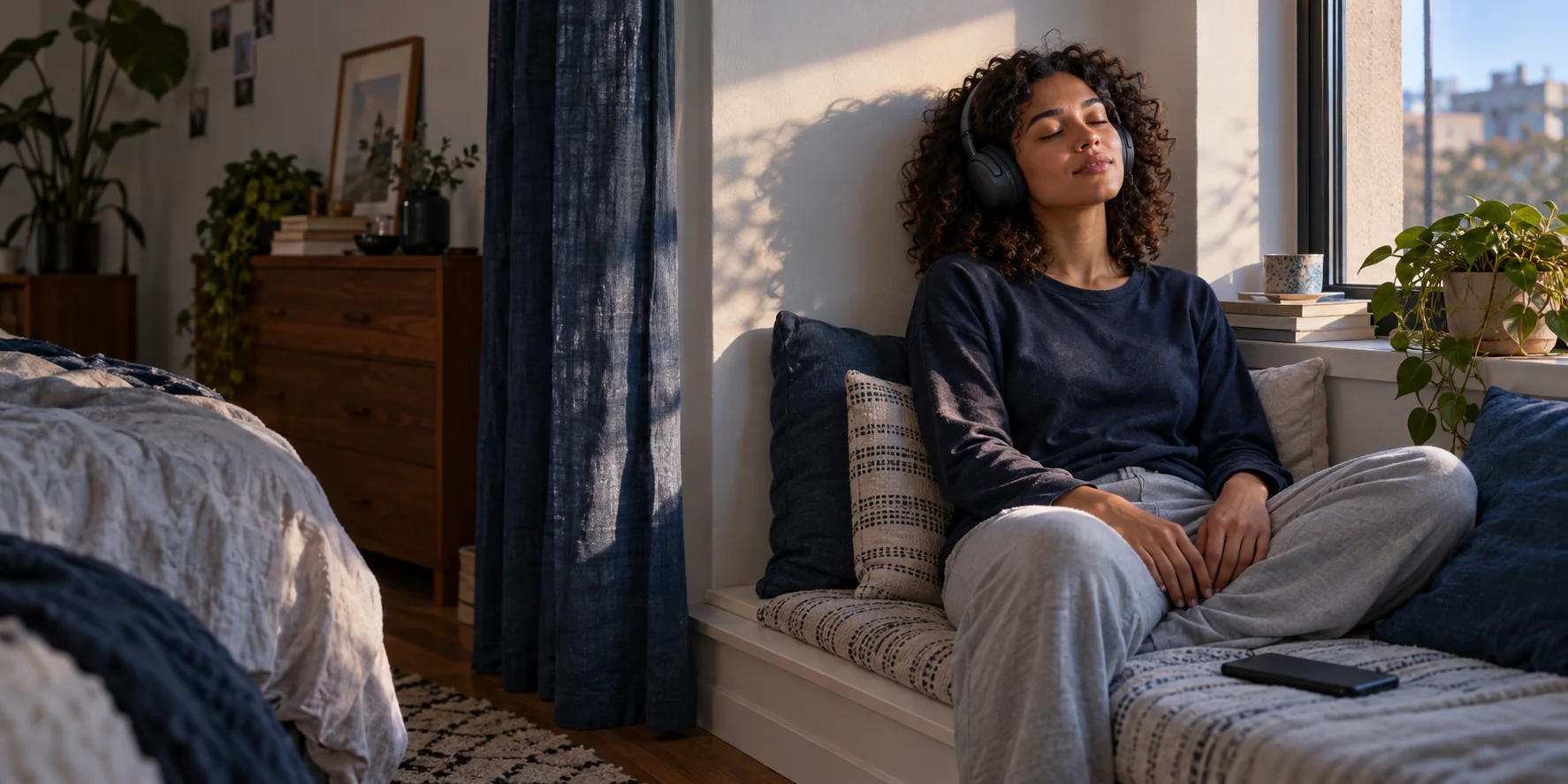 A woman sitting comfortably by a sunlit window, listening through headphones with her eyes gently closed.