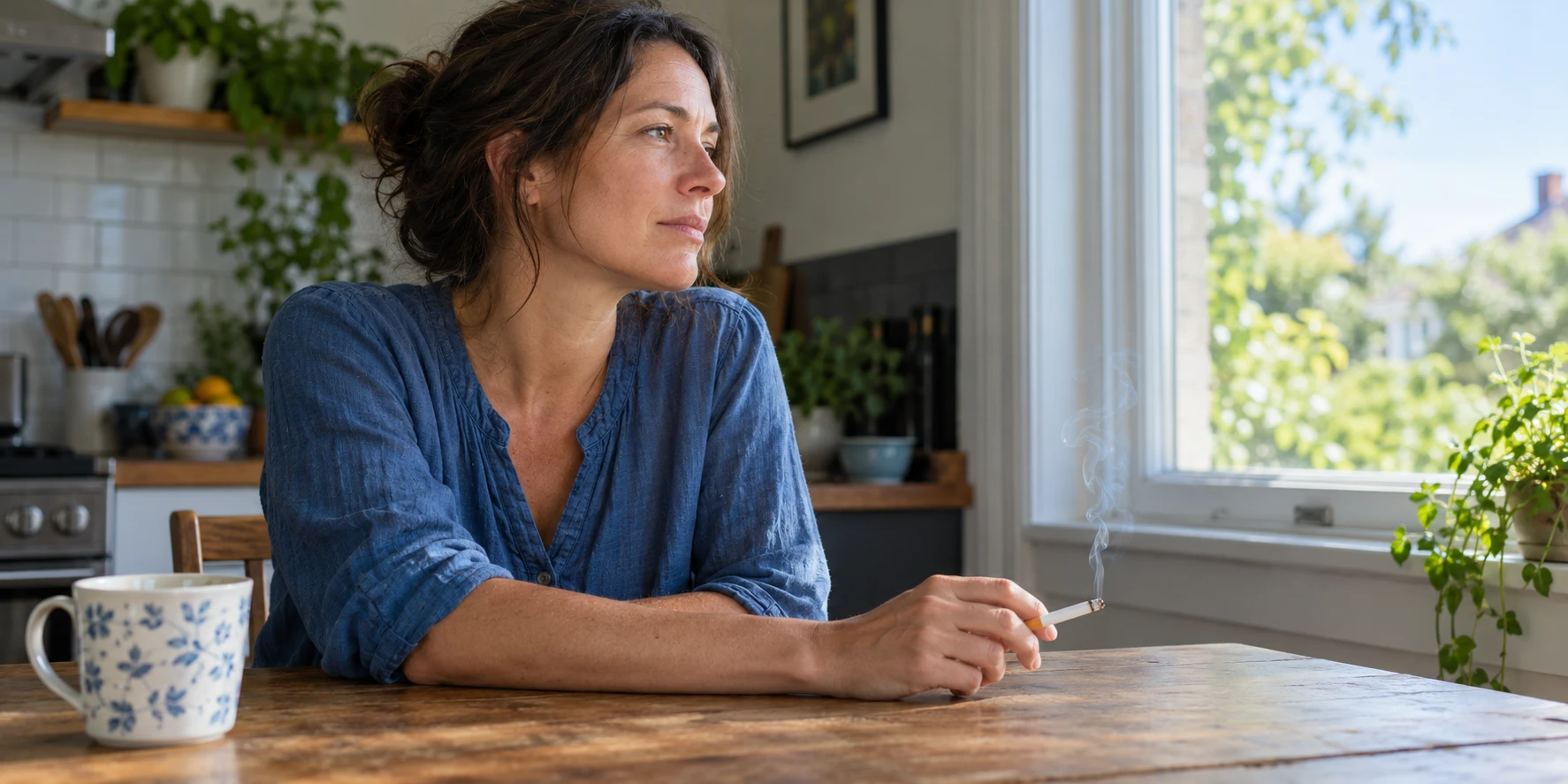 A woman pauses at her kitchen table as a thin wisp of smoke rises from the cigarette in her hand.