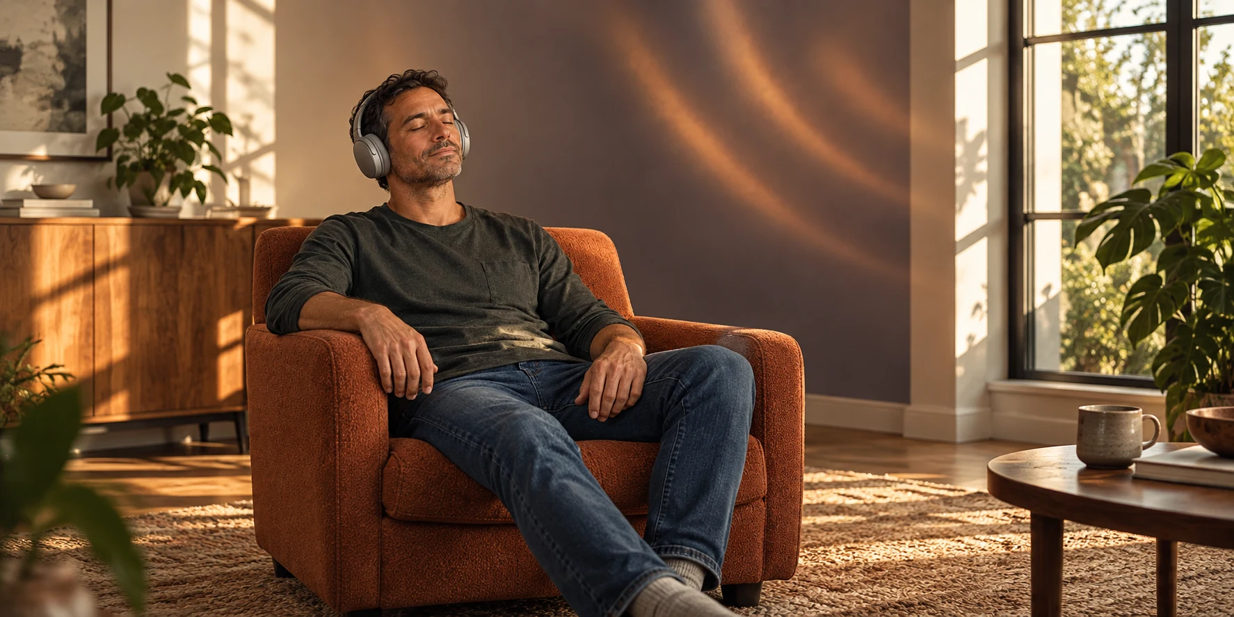 A man listens comfortably in a terracotta armchair, with warm window light and soft sweeping reflections across the room.