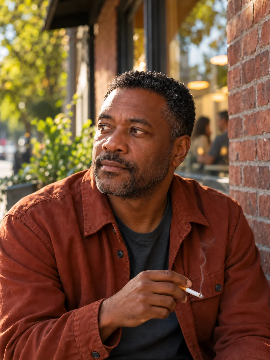 A man in his early forties holds a cigarette outside a café while people talk inside.